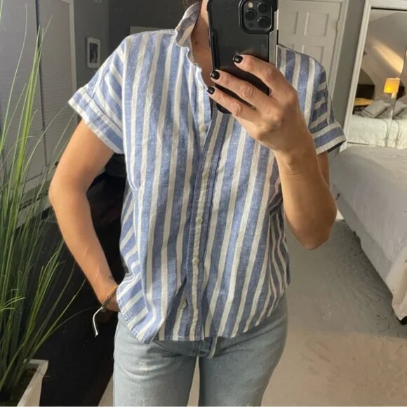 Madewell Blue + White Stripe Short Sleeve Button Down – Size Small - Picture 6 of 7